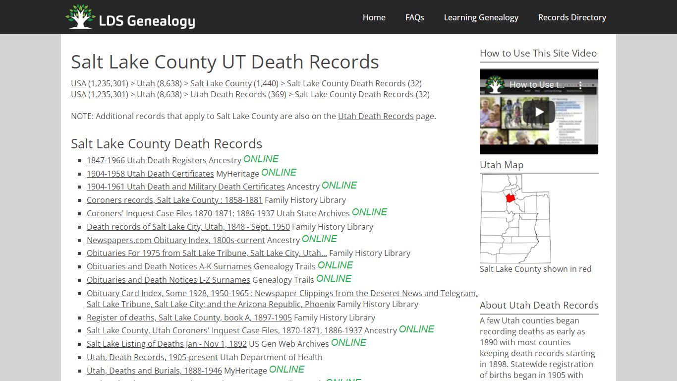 Salt Lake County UT Death Records - LDS Genealogy