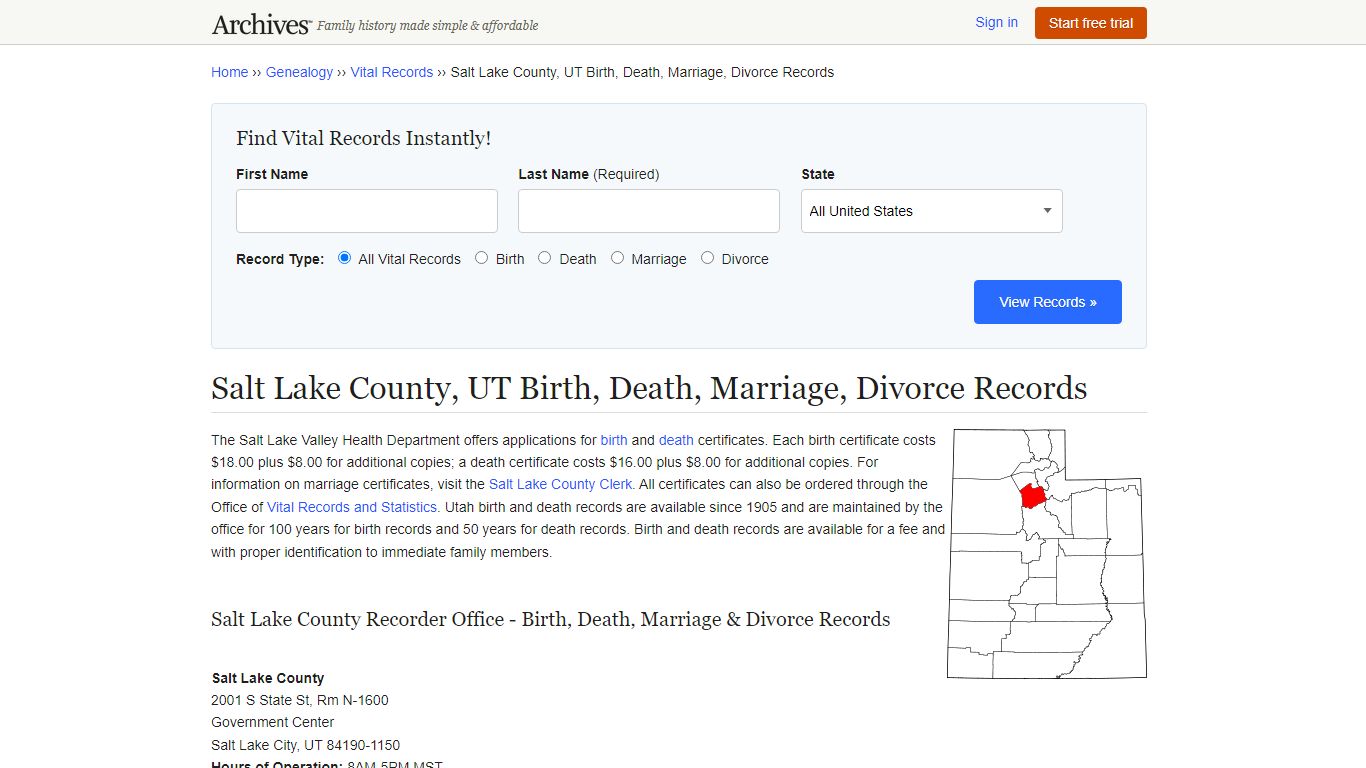 Salt Lake County, UT Birth, Death, Marriage, Divorce Records